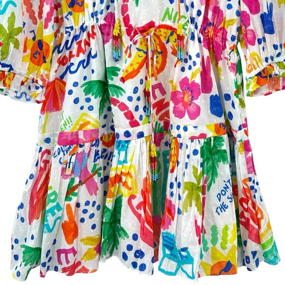 Farm Rio White Colorful Jungle Print Mini Dress w/ Waist Tie & Tassels sz L - Picture 3 of 10